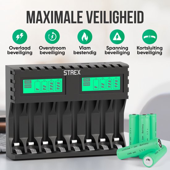 Strex Batterieladegerät - 8x AA/AAA-Batterien - USB aufladbar - LCD-Display - Für wiederaufladbare Batterien - Schwarz