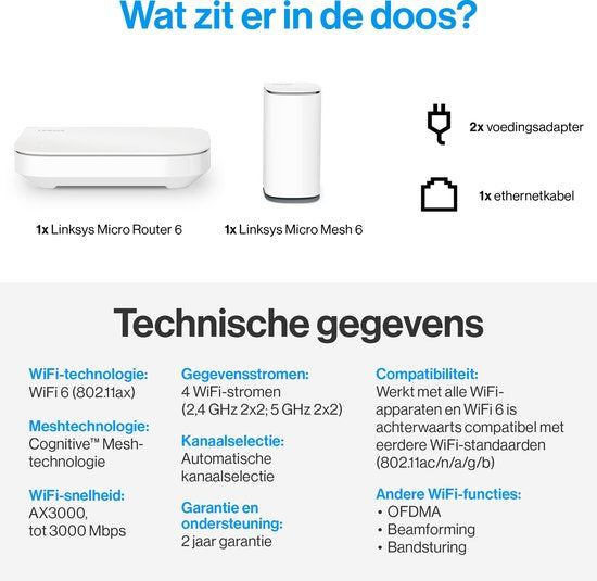 Linksys Velop Micro Mesh 6 - Router - WiFi 6 - Dualband - Mesh WiFi - 3000 Mbps - 2er-Pack - Weiß