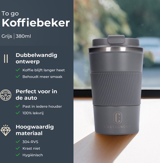 Castagnola Thermos Cup - Kaffeebecher To Go - Reisebecher für Kaffee und Tee - Teebecher - 380 ML - Edelstahl - Grau