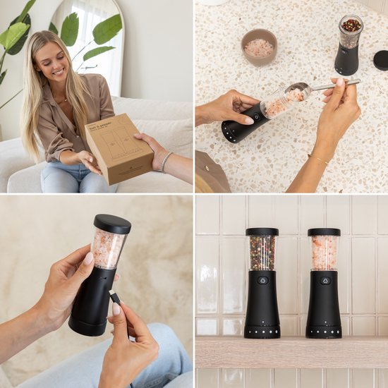Deleca Elektrisches Pfeffer- und Salzmühlenset Gustaro - 130ml Speicherkapazität - Luxuriöses Salz- und Pfeffermühlenset - Einstellbares Mahlen - USB Wiederaufladbar / Schwarz