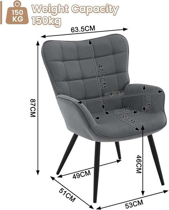 WOLTU Wing Chair, Modern, Relaxsessel, Fernsehsessel, Bequem, Lesesessel, Wohnzimmer, Sessel, Liegesessel, Metallbeine, Sessel