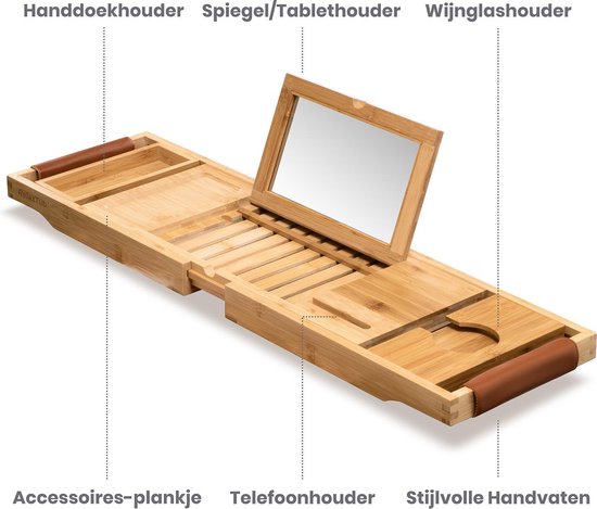 RelaxTub® Badeboard - Badeboard für die Badewanne - Badregal - Verstellbar - Rutschfest - Badeboard Bambus - Badeboard Holz - Badregal mit Buchhalter, Tablet-Halter & Spiegel