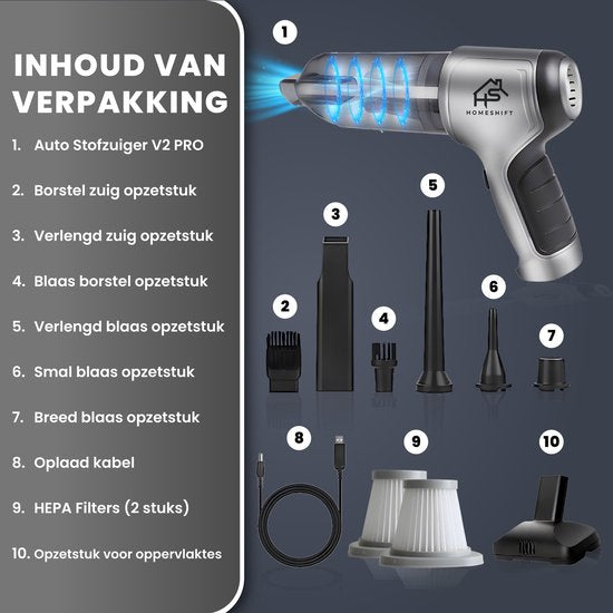 HomeShift® Autostaubsauger Cordless V2 PRO - Handstaubsauger - Kleiner Staubsauger - Kabelloser Staubsauger - Air Duster - Nass & Trocken - Metallisch