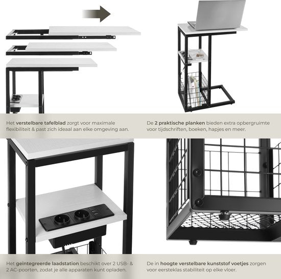 tectake Laptoptisch mit Ladestation - Inkl. Steckdose - C-förmiger Computertisch - Beistelltisch - Nachttisch - Mit Zeitungsständer und extra Ablage - Weiß