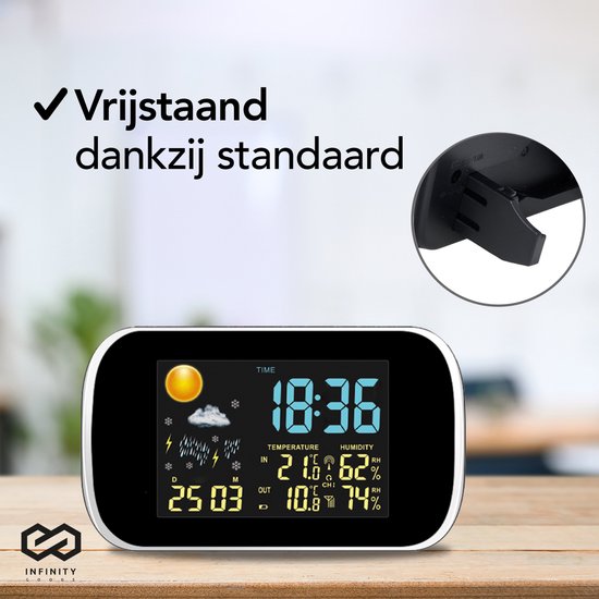 Infinity Goods Wetterstation - Wettervorhersage - Hygrometer - Innen und Außen - Temperatur - Luftfeuchtigkeit - Kabelloser Außensensor - 100M Reichweite - Schwarz