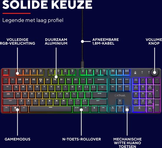 Trust GXT 866 Torix – Mechanische Gaming-Tastatur – Voll-RGB – Weiße Schalter – PC/PS5 – US-QWERTY – Schwarz