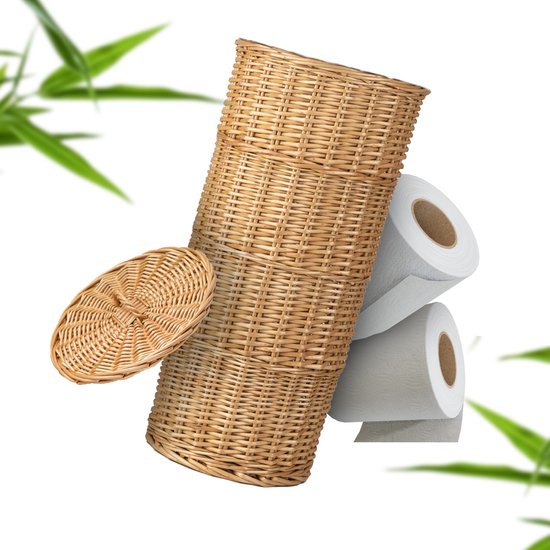 Industor® Toilettenpapierhalter Standing of hand-woven Wicker - Toilettenpapierhalter für 3 Rollen mit Deckel - Toilettenpapierhalter, Badaccessoires und Dekoration