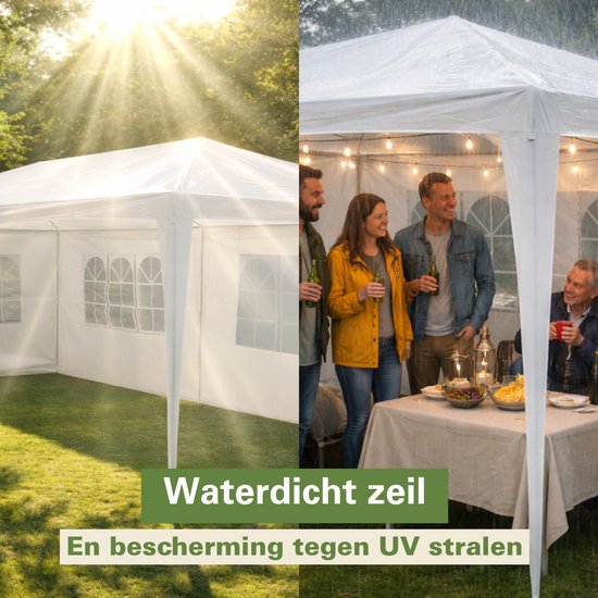 Kinzo Partyzelt 3 x 6 m – Zeltpavillon für 70 Personen – Gartenpavillon mit 6 Seitenwänden – Gartenzelt mit einer Firsthöhe von 2,5 m – Partyzelt, wasserdicht und UV-beständig – Weiß