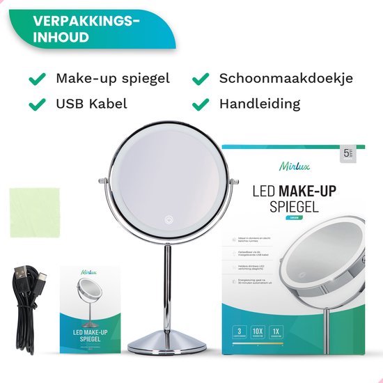 Mirlux Make Up Spiegel mit LED-Beleuchtung - 10x Vergrößerung - Rasierspiegel klein auf Fuß - 3 Lichtstufen - wiederaufladbar - Vergrößerungsspiegel Chrom