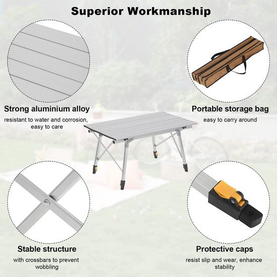 Rootz Campingtisch - Tragbarer Picknicktisch - Faltbare Oberfläche für draußen - Kompakter Reiseständer - Al Fresco Dining - Campingmöbel - Silber - 90x52.2cm