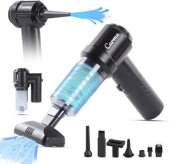 CarMe 2-in-1 Autostaubsauger - Saugen & Blasen - Dustbuster - 7 Aufsätze - Wiederaufladbar - Airduster - Schwarz