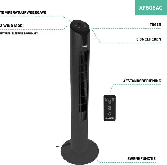 VONROC Luxury Fan - Turmventilator - Höhe 110 cm - Inkl. Fernbedienung - 3 Geschwindigkeiten - Swing-Funktion - 15-Stunden-Timer - Schwarz