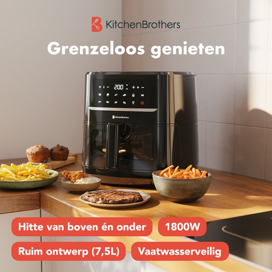 KitchenBrothers Airfryer XXL - 7.5L - 1800W - Heißluftfritteuse - Duale Heizung - 50ºC bis 200ºC - 10 Kochprogramme - Schwarz
