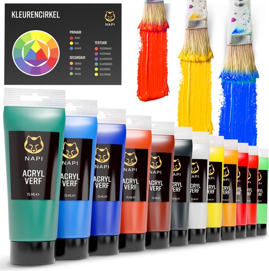 NAPI Acrylfarbe 12x75 ML - Große Flaschen - Inklusive Farbkreis - Vorteilsset - Hobbyfarbe - Malerei Acrylfarbe - 12 Farben