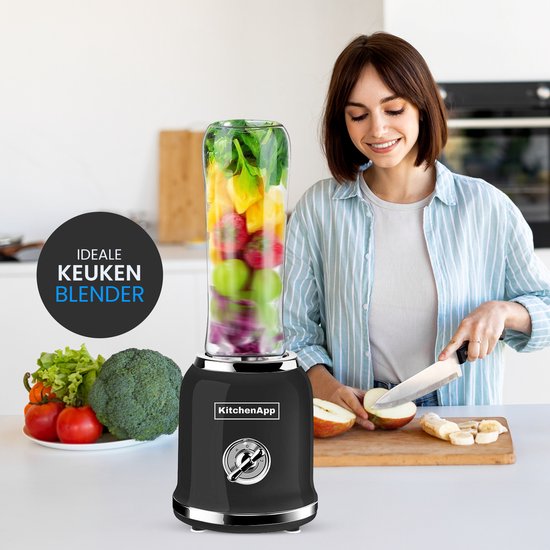 KitchenApp Blender to go - Retro-Mixer - Smoothie-Maker - Inklusive zwei Bechern und diversem Zubehör - Schwarz