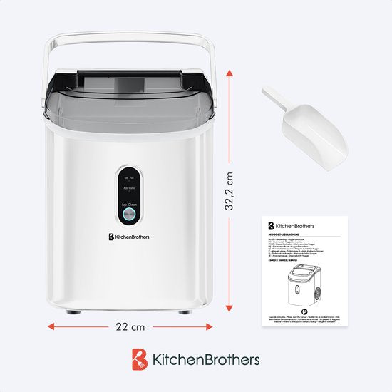 KitchenBrothers Nugget Eiswürfelbereiter - 1.1L - Crushed Ice Maker mit Eisportionierer - Tragbar - 15kg/24 Stunden - Weiß