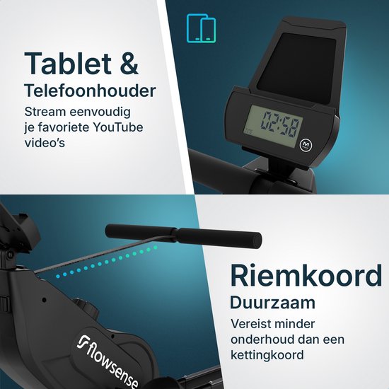Flowsense Rudergerät - Rudergerät - Leise - Magnetisches Rudergerät Fitness - Rudergerät 16 Widerstandsstufen - LCD Monitor
