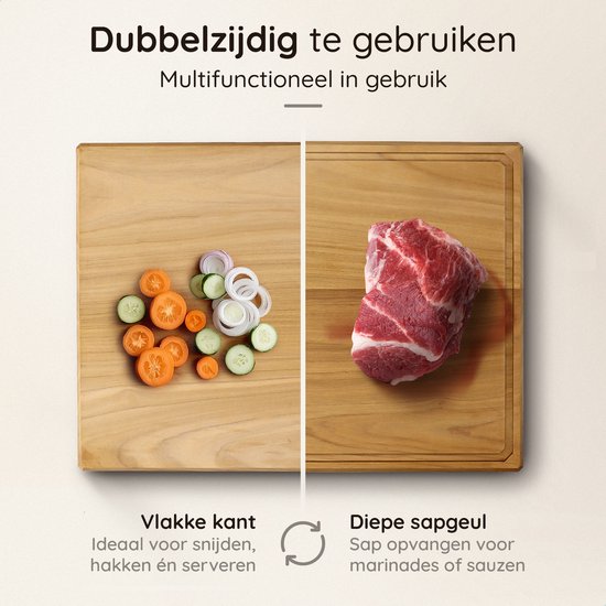Deleca Teakholz Schneidebrett - Doppelseitig mit Saftrinne / Griffe - Großes und dickes Teakholz Schneidebrett - Für die Küche, langlebige Schneidebretter, Servierbrett, Käsebrett, Getränkebrett, Tapasbrett - Ohne Kunststoff - 51x38x3,8 cm
