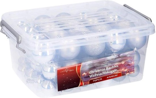 Weihnachtsgeschenke Weihnachtskugeln Set Silber - 70 Stück Plastik Weihnachtskugeln - Inkl. Weihnachtskugeln Aufbewahrungsbox - Ø4/5/6 cm