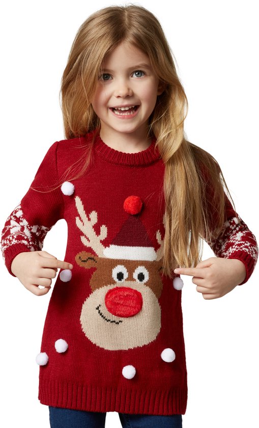 Dressforfun Faschingskostüm Weihnachtspullover Rudi Rentier – Unisex – Größe 140 (9–10 Jahre)