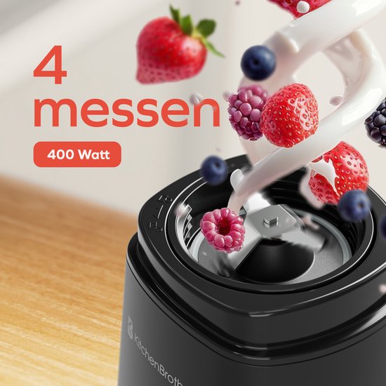KitchenBrothers Mini Mixer - Mixer zum Mitnehmen - Smoothie Maker - 2 To-Go Becher 600 ml - Schwarz