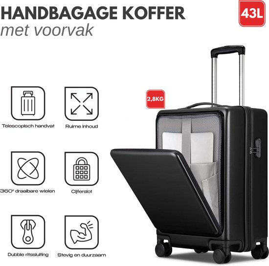 VAIVE Handgepäck Koffer mit Fronttasche - 43L Koffer - Leichter Trolley - Schwarz