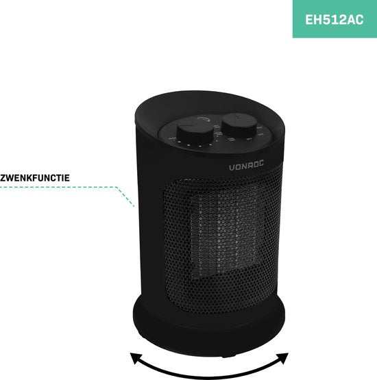 VONROC Elektroheizung - Heizlüfter - 1200W/1800W - Keramik - 3 Einstellungen - Thermostat - Schwenkfunktion - 20m2