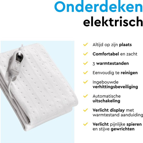 BRASQ Elektrisches Unterbett 150x80 cm - 1 Person - Wärmedecke - 3 Heizstufen - Timer & Fernbedienung - 60W Energiespar-Heizdecke