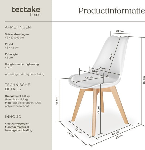 tectake® Esszimmerstuhl Frederikke - 4er Set Esszimmerstühle mit gepolstertem Stoffsitz - Massive Holzbeine - Ergonomische Stühle für Wohnzimmer, Esszimmer, Schlafzimmer und Küche - Belastbarkeit 120kg - Weiß