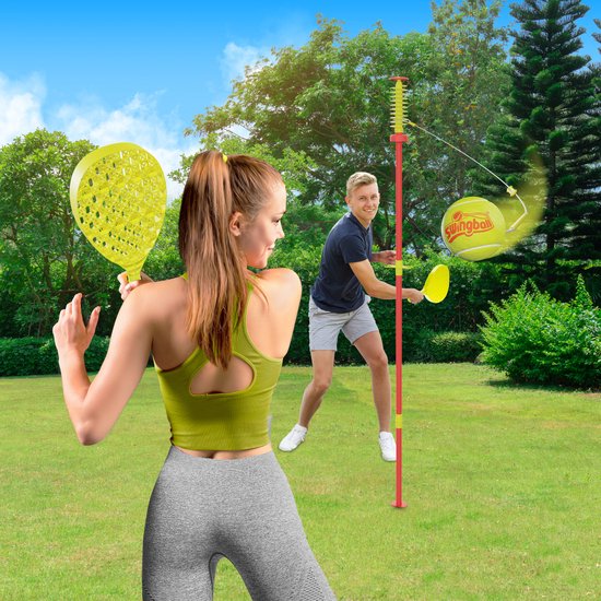 Swingball Classic - Tennisschläger mit Bodenplatte - mit Schlägerhalterung und Erdspieß - rot/gelb