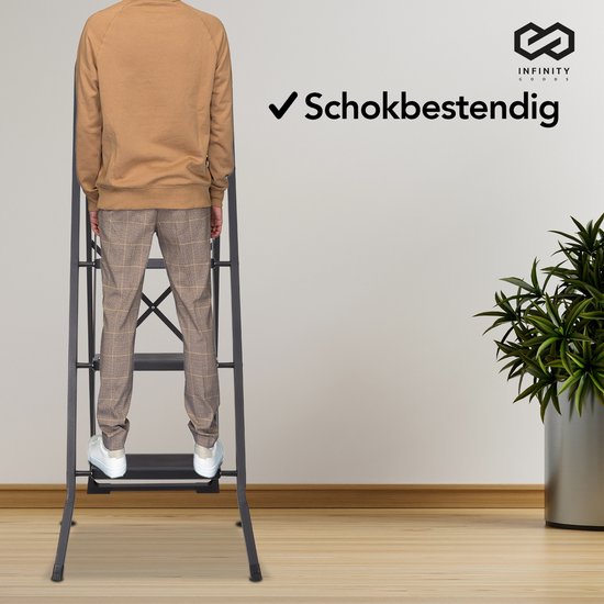 Infinity Goods Stabile Haushaltsleiter 4 Stufen - Küchentreppe zusammenklappbar - Antirutsch - Treppenleiter - faltbar - Metall - Schwarz
