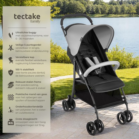 tectake® Buggy - Kinderwagen - faltbar, 5-Punkt-Gurt, verstellbare Rückenlehne und Beinauflage - mit Bremse, leichtgängige Räder - praktischer Ablagekorb - schwarz/grau