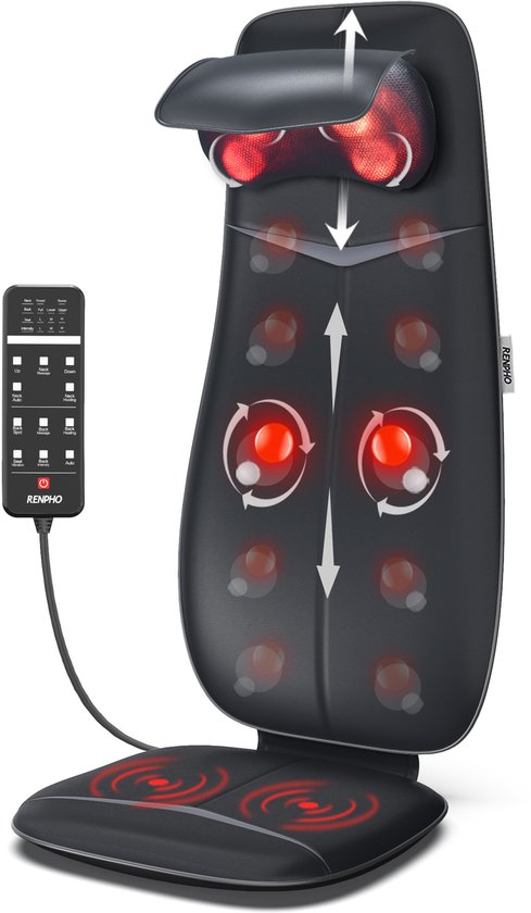 RENPHO Shiatsu-Massagekissen - Vollständige Rücken- und Nackenmassage - Mit Wärme und Vibration - Einstellbare Zonen und Intensität - Automatische Höhenerkennung - Geeignet für jeden Stuhl - Ideal für zu Hause oder im Büro