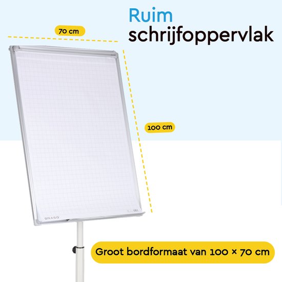 BRASQ Flipchart Mobile Deluxe - 70x100 cm - Verstellbares Whiteboard - Inklusive 25 Blatt Papier und Zubehör - mit ausziehbaren Armen - Magnettafel mit Haken - Magnettafel - Weiß