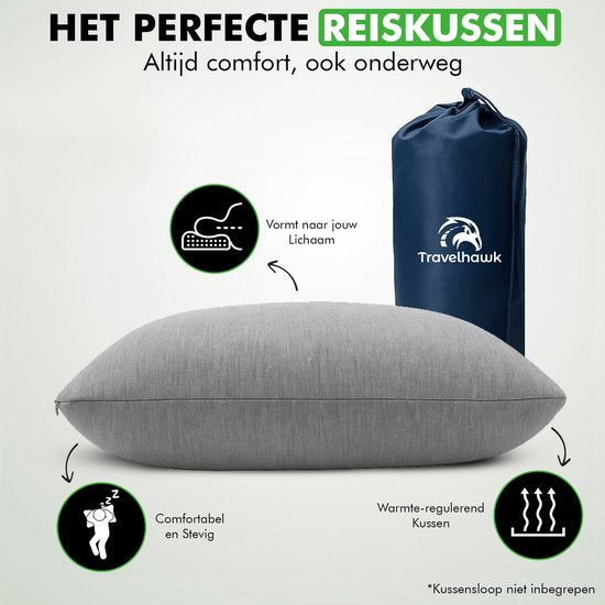 Travelhawk Reisekissen - Camping-Kissen - Nackenkissen - Mini-Kissen - Memory Foam - Inklusive Aufbewahrungsbeutel - Kompakt & Atmungsaktiv - 55x36x11cm