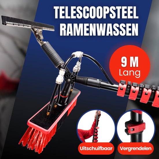 Aqualitá® Teleskopstiel Fensterreinigung 9M mit Gämse - Fensterwascher Teleskop - Solarpanelreiniger - Fensterwaschset Teleskopstiel mit Wasserdurchlass - Teleskopwaschbürste - Teleskopbürstenset mit Seifenspender für die Fensterreinigung
