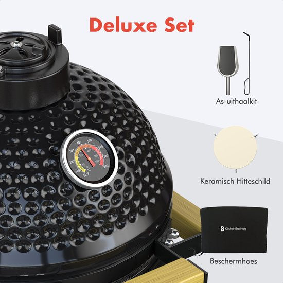 KitchenBrothers Kamado BBQ - 13 Zoll Holzkohlegrill - 27⌀ cm - Deluxe Set - Eiergrill mit Zubehör inklusive Abdeckung - Schwarz