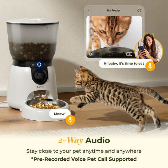 Arenti Petfeeder2 Automatischer Futterautomat 4 l mit beweglicher Kamera – 3-l-Trinkbrunnen – für Katzen und Hunde – intelligenter Futterautomat mit Kamera – 3 MP (2K) mit Nachtsicht – Zwei-Wege-Audio – Automatischer Futterspender mit App – Dualband-WLAN