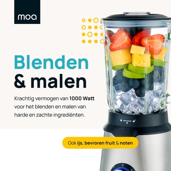 MOA Blender - Smoothie Maker mit 1.5L Glaskrug - für Eis, gefrorene Früchte, Nüsse - Mini - 1020W - Edelstahl - Silber