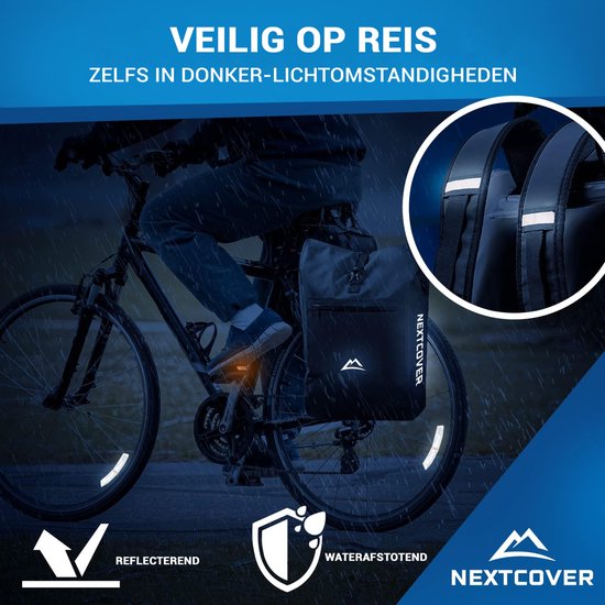 NEXTCOVER® NEW 3-in-1 Fahrradtasche für Gepäckträger [Aquashield] - Reflektierende Gepäcktasche wasserdicht - Rucksack und Umhängetasche [25 Liter]- Schwarz