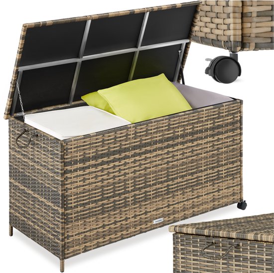 tectake® Wicker Aufbewahrungsbox – 253 l – Kissenbox für den Außenbereich – Gartenbox – 116 x 54 x 64 cm - Wetterfest und mit Deckel verschließbar – Rollbar – Inklusive 2 Griffen, 2 Rädern mit Bremse und Gasfedern – Gartenkiste – Beige