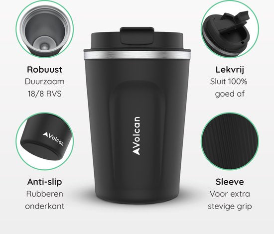 Volcan Edelstahl Kaffeebecher To Go - Thermosbecher - Auslaufsicher - Teebecher - 380ml - Schwarz