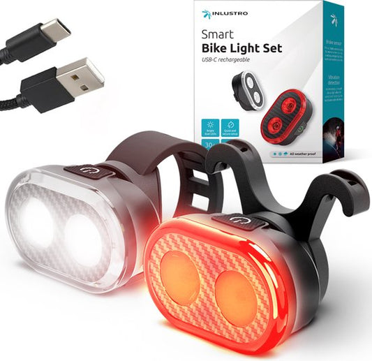 Inlustro Smart Bicycle Light Set - Rücklicht mit Bremssensor / Sattelhalterung - LED-Fahrradlicht rot und weiß - Fahrradlicht Scheinwerfer Vorderlicht - USB aufladbar / wasserdicht