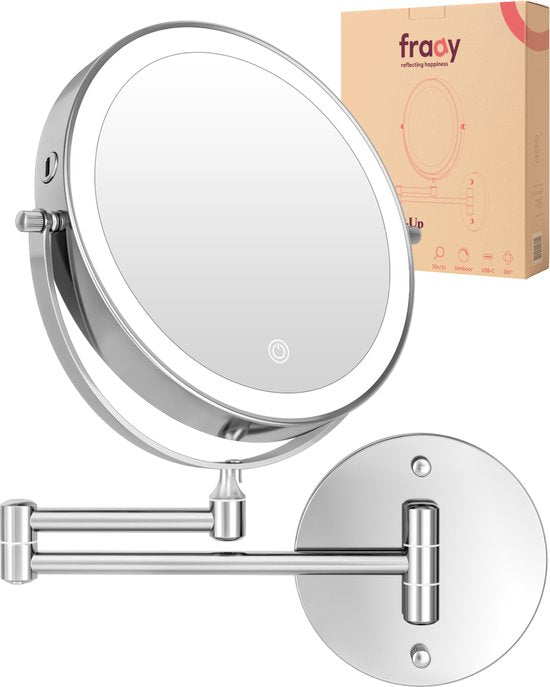 Fraay® Make-up-Spiegel mit LED-Beleuchtung - 10-fache Vergrößerung - Vergrößerungsspiegel mit Licht - wiederaufladbar - Rasierspiegel - Badezimmerspiegel - Chrom