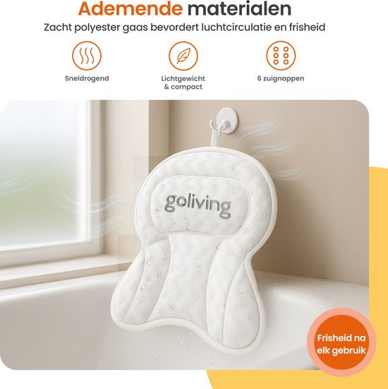 Goliving Badekissen - Ergonomisches Kissen für die Badewanne - Mit 6 Saugnäpfen - Inklusive Waschbeutel - Rutschfest, leicht & wasserdicht -100% Polyester - Weiß