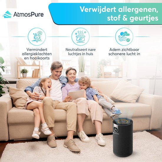 AtmosPure® CleanAir Luftreiniger - Luftreiniger mit austauschbarem HEPA 13 + Kohlefilter - CADR 250 m³/h - Schwarz - Für 98 m² - Wirkt gegen Staubmilben, Heuschnupfen, Allergien, -3 Modi + stiller Schlafmodus - Luftqualitätssensor