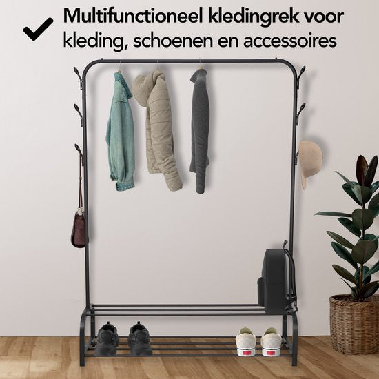 Brixy Kleiderständer - Garderobenständer - 102x34x152cm - Kleiderständer mit Schuhregal - Industriell - Metall - Schwarz
