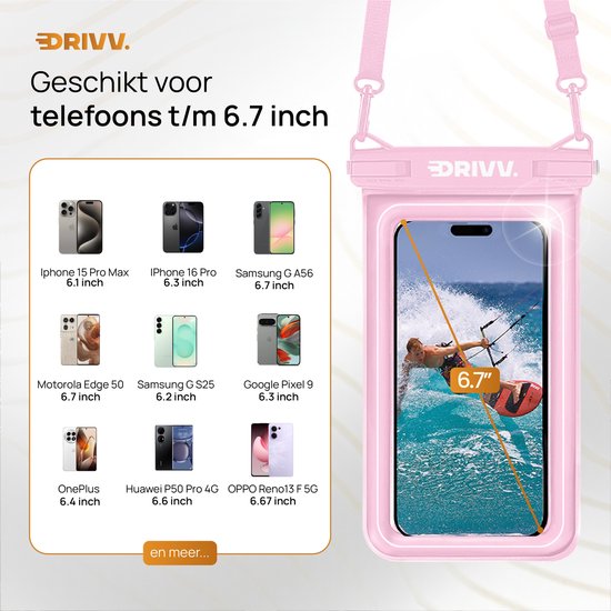 Drivv. Wasserdichte Luxus-Telefonhülle - schwimmend - doppelter Clip-Verschluss - bis zu 6,8 Zoll - Unterwasser-Telefonhülle - Pink