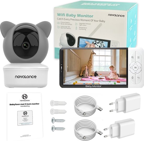 Novalance - Wifi-Babyphone - Babyphone mit Kamera - Babyphone mit 5-Zoll-Bildschirm - Wiegenlieder - Intelligente Detektoren