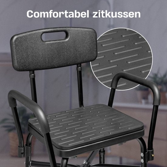 Sanicraft® Duschstuhl - Duschhocker mit Armlehne & Duschkopfhalterung - Stuhl & Hocker in 1 - Höhenverstellbar - Rutschfeste Beine - Schwarz